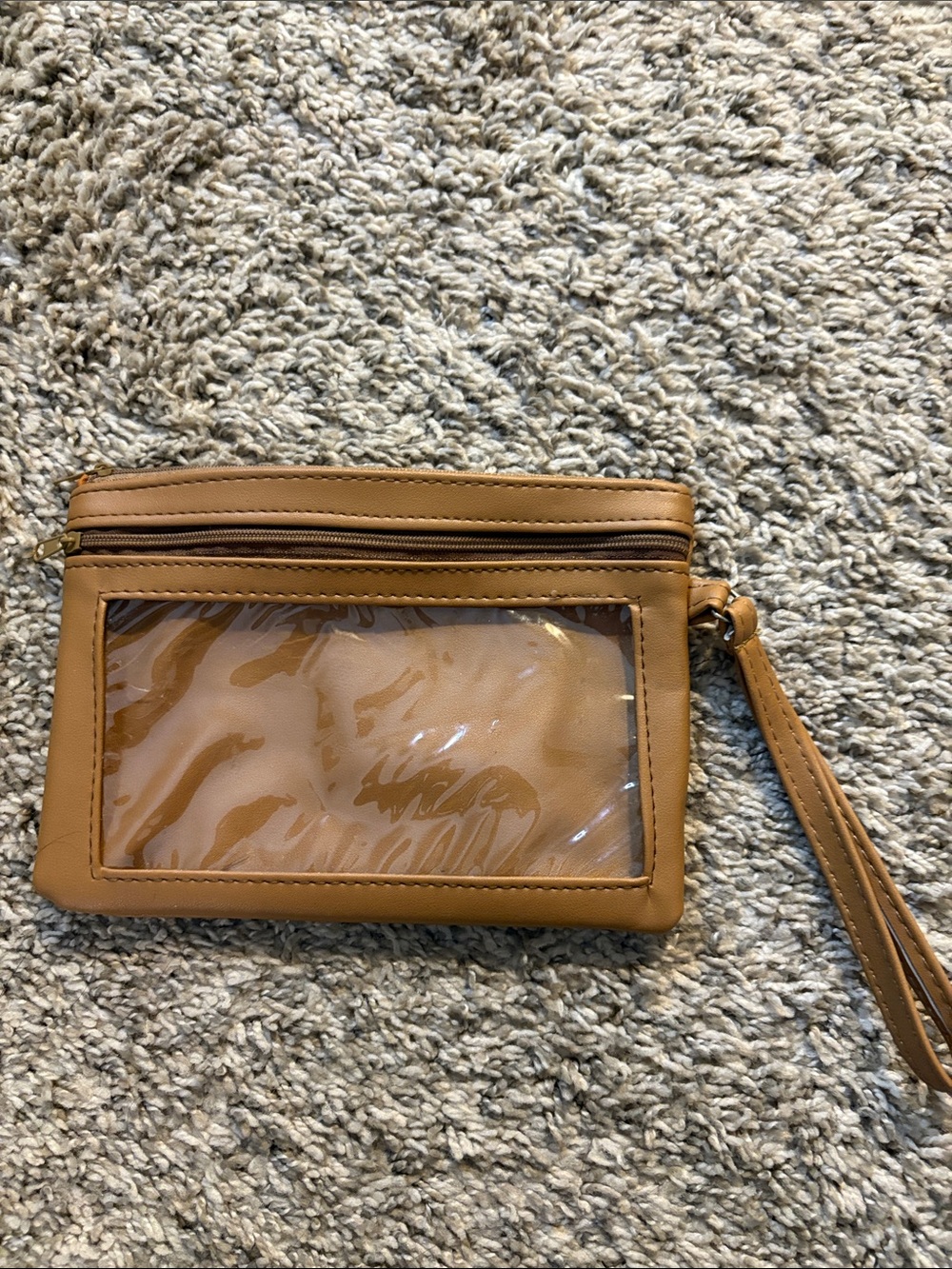 Clear-Front Tan Wristlet Clutch with Wrist Strap